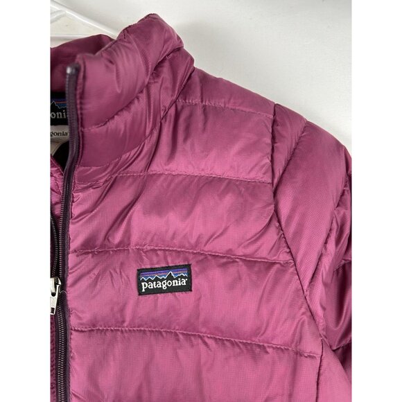 Patagonia Girls XL 14  Hi-Loft Down Sweater Hoody Hooded Puffer Jacket Pink - Picture 14 of 16
